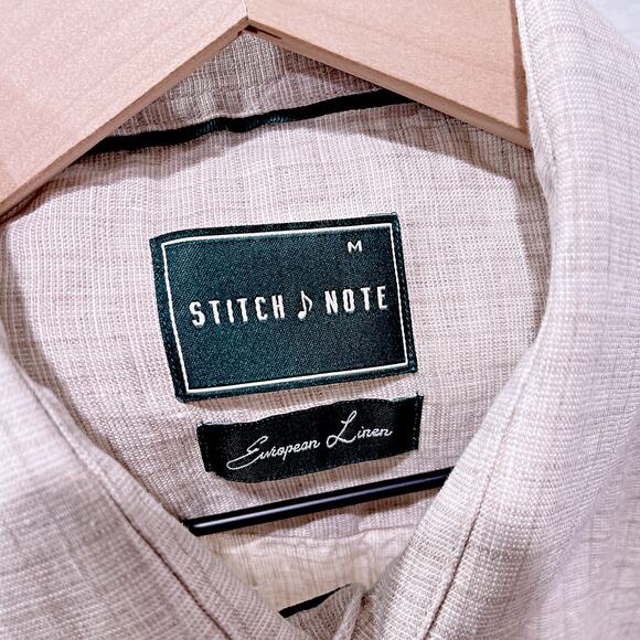Stitch Note European Linen Shirt Long Sleeve Button Down Beige Check Mens Medium - Picture 5 of 6